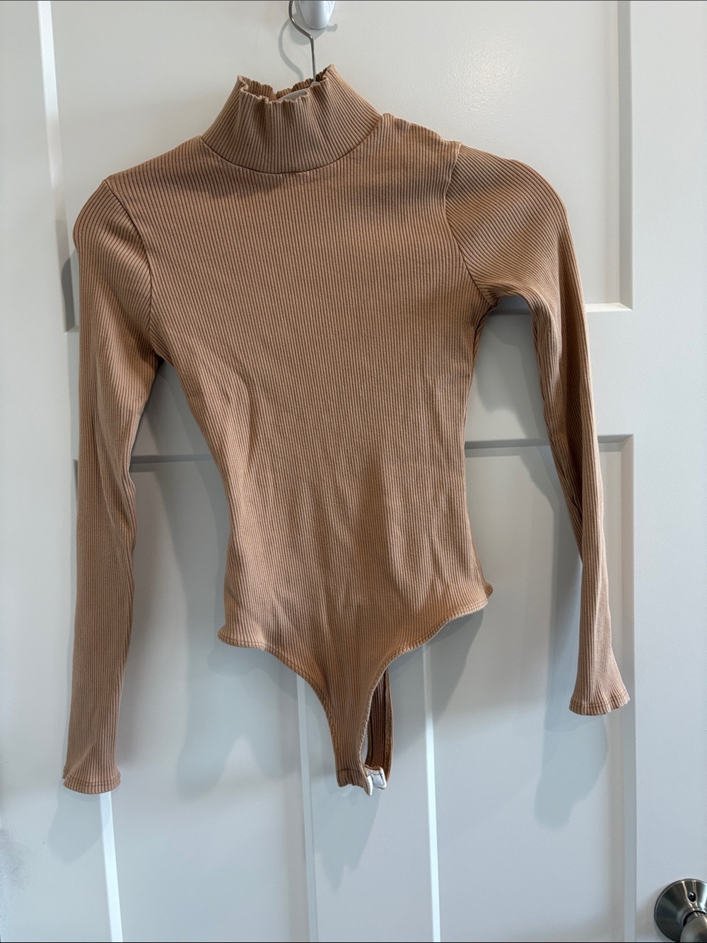 Lulu's Ribbed Long-Sleeve Mock Neck Bodysuit in Tan